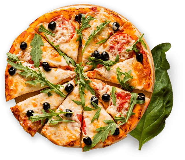 Sliced pizza with rocket, olives and mozzarella