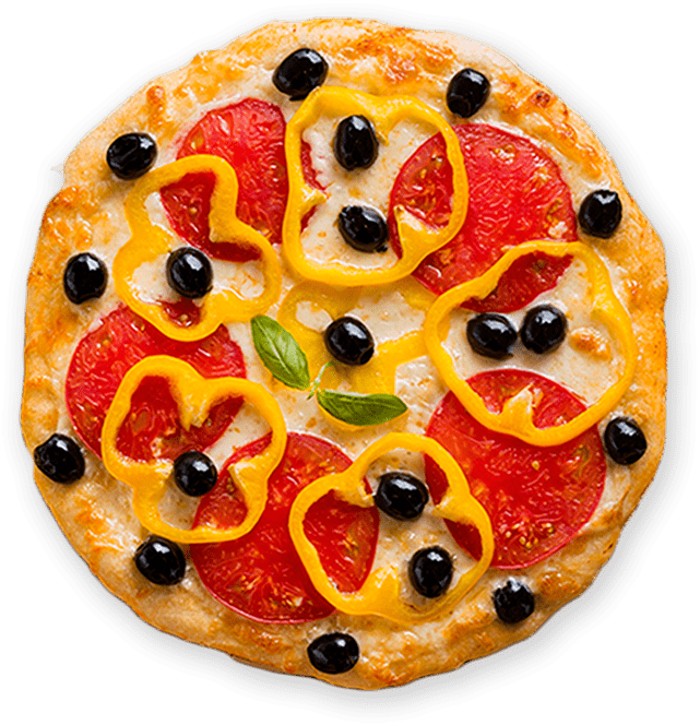 Pizza with tomato, yellow peppers and black olives
