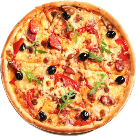 Pizza with olives, peppers and sausage