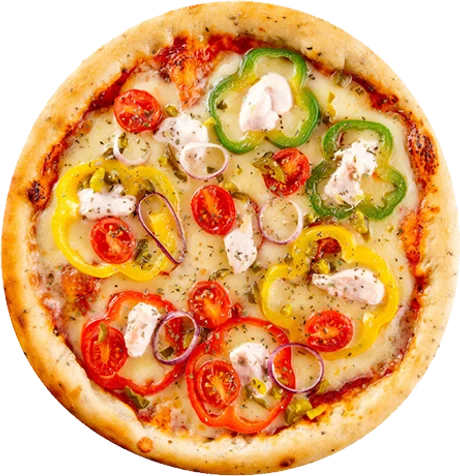 Pizza with bell peppers and cherry tomatoes